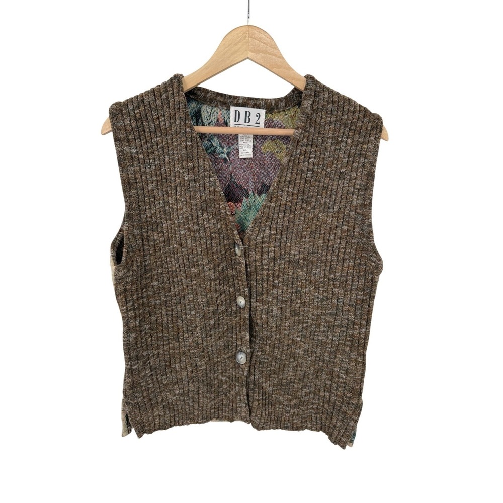 DB2 Vintage Vest Womens M/L Tapestry Grandma Retro Floral Botanical Stretchy